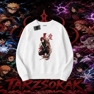 Gaara Naruto Anime Karakteri Oversize Unisex Bisiklet Yaka Sweatshirt Beyaz
