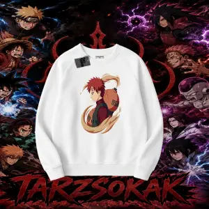 Gaara Naruto Anime Karakteri Oversize Unisex Bisiklet Yaka Sweatshirt Beyaz