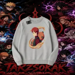 Gaara Naruto Anime Karakteri Oversize Unisex Bisiklet Yaka Sweatshirt Beyaz