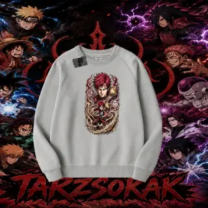 Gaara Naruto Anime Karakteri Oversize Unisex Bisiklet Yaka Sweatshirt Beyaz