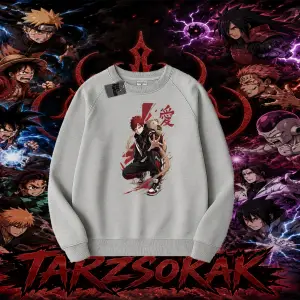 Gaara Naruto Anime Karakteri Oversize Unisex Bisiklet Yaka Sweatshirt Beyaz
