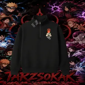 Gaara Naruto Anime Karakteri Unisex Polo Yaka Yarım Fermuarlı Sweatshirt Beyaz