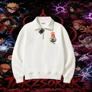 Gaara Naruto Anime Karakteri Unisex Polo Yaka Yarım Fermuarlı Sweatshirt Beyaz