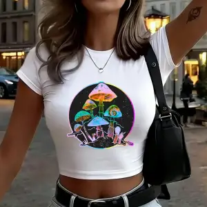 Garden Of Shrooms Baskılı Kadın Babby TeeTişörtleri Yazlık Yumuşak Yüksek Esnek Üstler Yuvarlak Y