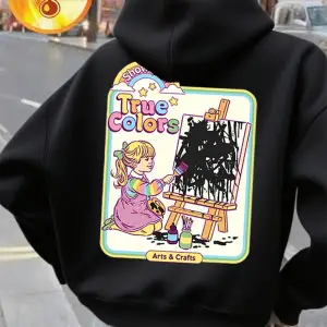 Gerçek Renkler Komik Çizgi Roman Baskılı Kapüşonlu Üstler Kadınlar Sonbahar Polar Sıcak Sweat