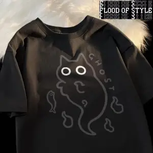 Gevşek kısa kollu tişört kadınlar için orijinal japon moda marka çift saf kedi şeffaf hayalet