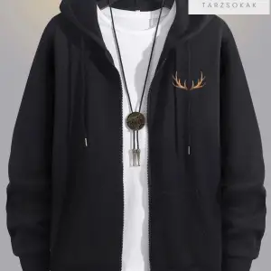 Geyik Boynuz Sweatshirt Fermuarlı Hırka Siyah