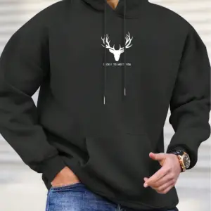 Geyik Renkli Oversize Kapüşonlu Sweatshirt Siyah