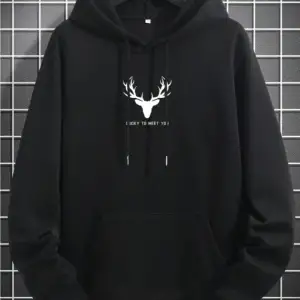 Geyik Renkli Oversize Kapüşonlu Sweatshirt Siyah