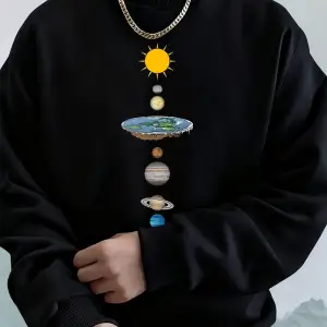 Gezegensel Evren Baskı Erkek Tişörtü Kış Polar Sıcak Kapüşonlular Kore Gevşek Bisiklet Yaka S