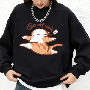 Go Off Work Happy Cat Baskılı Tişörtü Bayan Sonbahar Sıcak Uzun Kollu Kapüşonlular Jogger Bis
