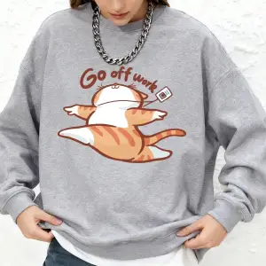 Go Off Work Happy Cat Baskılı Tişörtü Bayan Sonbahar Sıcak Uzun Kollu Kapüşonlular Jogger Bis