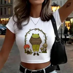 Goblincore Kurbağa Baskılı Kadın Babby Tees Yaz O-Boyun Dar Kesim İnce Tişörtler Yüksek Elasti