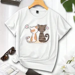 Göğüs Kedi Baskılı Oversize Kadın T-Shirt