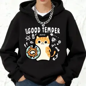 Good Temper Destroy Cat Baskılı Pamuklu Kapüşonlu Kadın Sporcu Bol Kazak Kışlık Polar Sıcak S