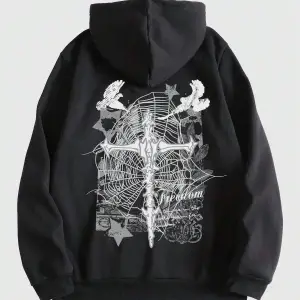 Goth Guys Cross Print Drawstring Lined Hoodie Siyah