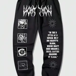 Goth Guys Slogan & Skull & Spider Graphic Drawstring Waist Eşofman Altı