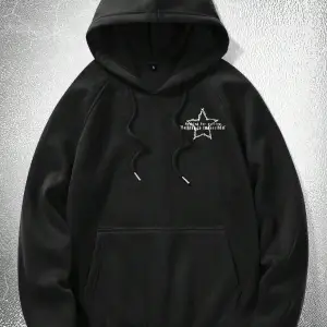 Goth Guys Star & Slogan Graphic Raglan Sleeve Drawstring Hoodie Siyah