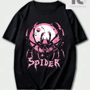 Goth Örümcek ve Mektup Baskılı Yuvarlak Yaka Erkek Tişört