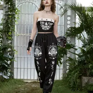 Goth Skull Graphic Drawstring Waist 4 Mevsim Eşofman