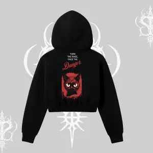 Gotik Kedi Arka Baskılı Kapşonlu Crop Sweatshirt