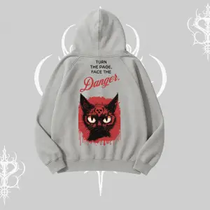Gotik Kedi Arka Baskılı Kapşonlu Sweatshirt