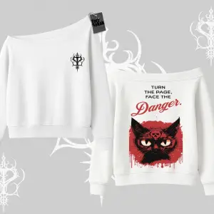 Gotik Kedi Arka Baskılı Kayık Yaka Sweatshirt