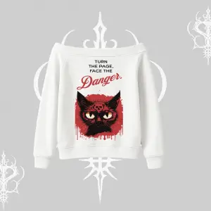 Gotik Kedi Arka Baskılı Kayık Yaka Sweatshirt