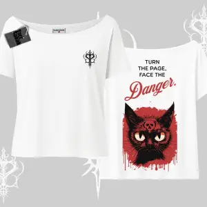 Gotik Kedi Arka Baskılı Kayık Yaka Tshirt
