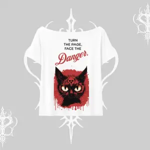 Gotik Kedi Arka Baskılı Kayık Yaka Tshirt