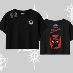 Gotik Kedi Arka Baskılı Oversize Crop Tshirt