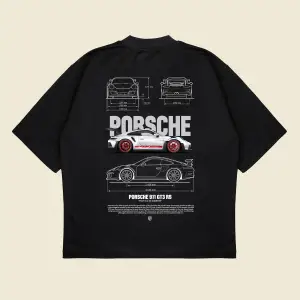 Gray Porsche 911 Baskılı Oversize Unisex Pamuklu Nefes Alan Kalın Kumaşlı