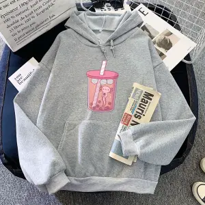 Gri Axolotl Yeme Kabarcık Boba Süt Çay Hoodies Kawaii Karikatür Kız uPola