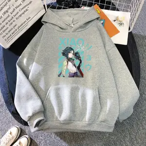 Gri Genshin darbe Xiao serinsıcak oyun Hoodies kanguru artı boyutu tişör
