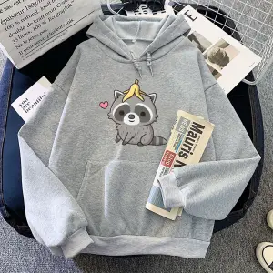 Gri Muz Kabuğu ile sevimli Rakun Hoodies Karikatür Kawaii Grafik B