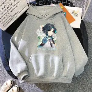 Gri Sıcak oyun Anime Hoodie yaıklı XiaoGenshin darbe Punk i büyük boy kaz