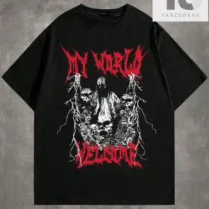 Grunge Punk Erkek Pamuk Mektup ve İskelet Baskı Tişört