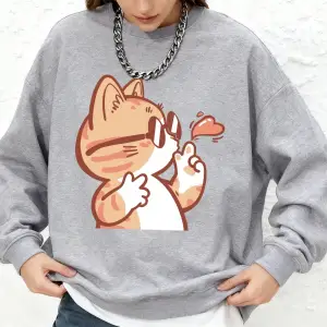 Güneş gözlüğü takan kedi uçan öpücük baskı kapüşonlu üst kadın temel uzun kollu o-boyun kazak