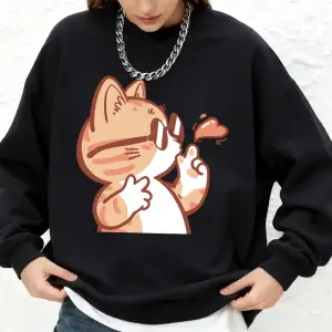 Güneş gözlüğü takan kedi uçan öpücük baskı kapüşonlu üst kadın temel uzun kollu o-boyun kazak