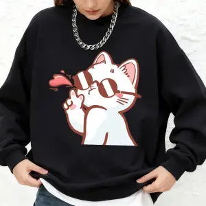 Güneş Gözlüklü Bayan Kedi Baskılı Tişörtü Bayan Sonbahar Jogger Sıcak Kapüşonlular O-Boyun Bü