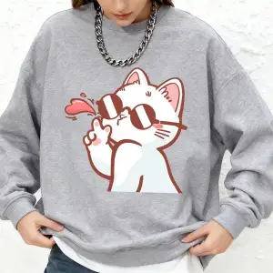 Güneş Gözlüklü Bayan Kedi Baskılı Tişörtü Bayan Sonbahar Jogger Sıcak Kapüşonlular O-Boyun Bü