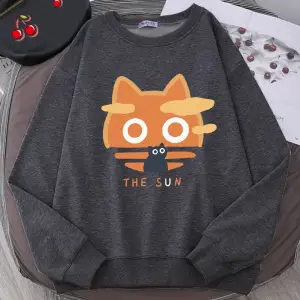 Güneş Turuncu Kedi Eğlenceli Sevimli Baskı Karikatürler Hoody Erkekler Gevşek Giyim Sonbahar