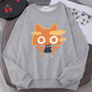 Güneş Turuncu Kedi Eğlenceli Sevimli Baskı Karikatürler Hoody Erkekler Gevşek Giyim Sonbahar