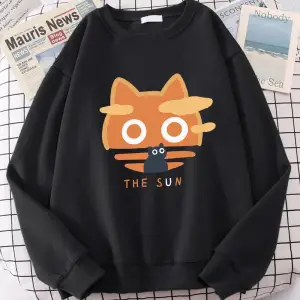 Güneş Turuncu Kedi Eğlenceli Sevimli Baskı Karikatürler Hoody Erkekler Gevşek Giyim Sonbahar