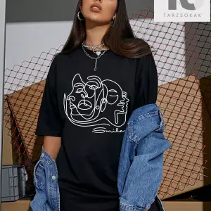 Güneş ve Ay Desenli Düşük Omuz Tişört