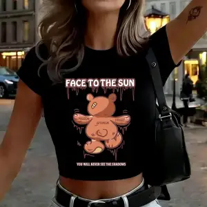 Güneşe Bakan Ayı Baskılı Kadın Babby TeeTişörtleri Yazlık Yüksek Esnek Yumuşak Üstler İnce Kısa K