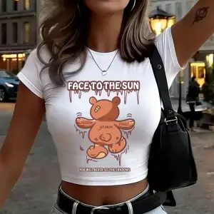 Güneşe Bakan Ayı Baskılı Kadın Babby TeeTişörtleri Yazlık Yüksek Esnek Yumuşak Üstler İnce Kısa K