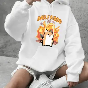 Günlük Mood Kedi Baskılı Sweatshirtler Kadınlar Kışlık Polar Sıcak Kapüşonlu Üstler Temel Bis