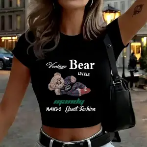 Güzel Ayı Karikatür Baskılar Bayan Kırpma Üstleri Yaz Yüksek Elastik Yumuşak Tişörtler Dar Ke