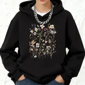 Güzel Çiçek Kümeleri Baskılar Pamuklu Kapüşonlu Üst Kadın Sportif Gevşek Tişörtü Kış Polar Sı